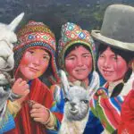 A painting of three girls and a llama